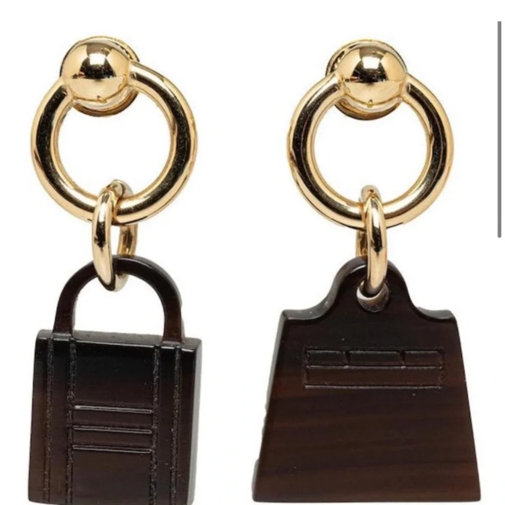 Hermès Authentic Amulet Maroquinier Kelly Cadena Earrings Brown Golden New W Box - Picture 6 of 16